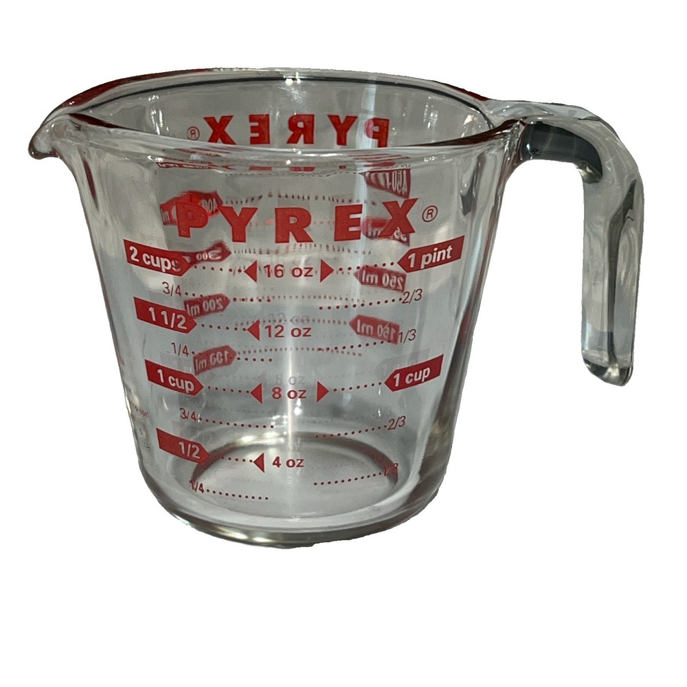 Vintage Pyrex #516 2-Cup / 1-Pint Measuring Cup Open Handle Red Lettering Glass